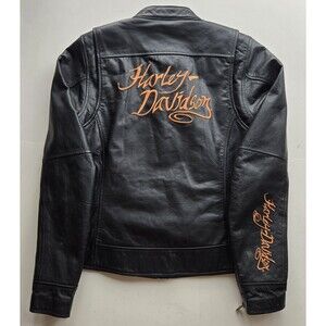 Harley-Davidson black leather jacket orange embroidered back and sleeve, women S